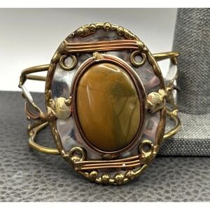 Vintage Mixed Metal Huge Stone Cuff Bracelet 7.5" Gold Tone